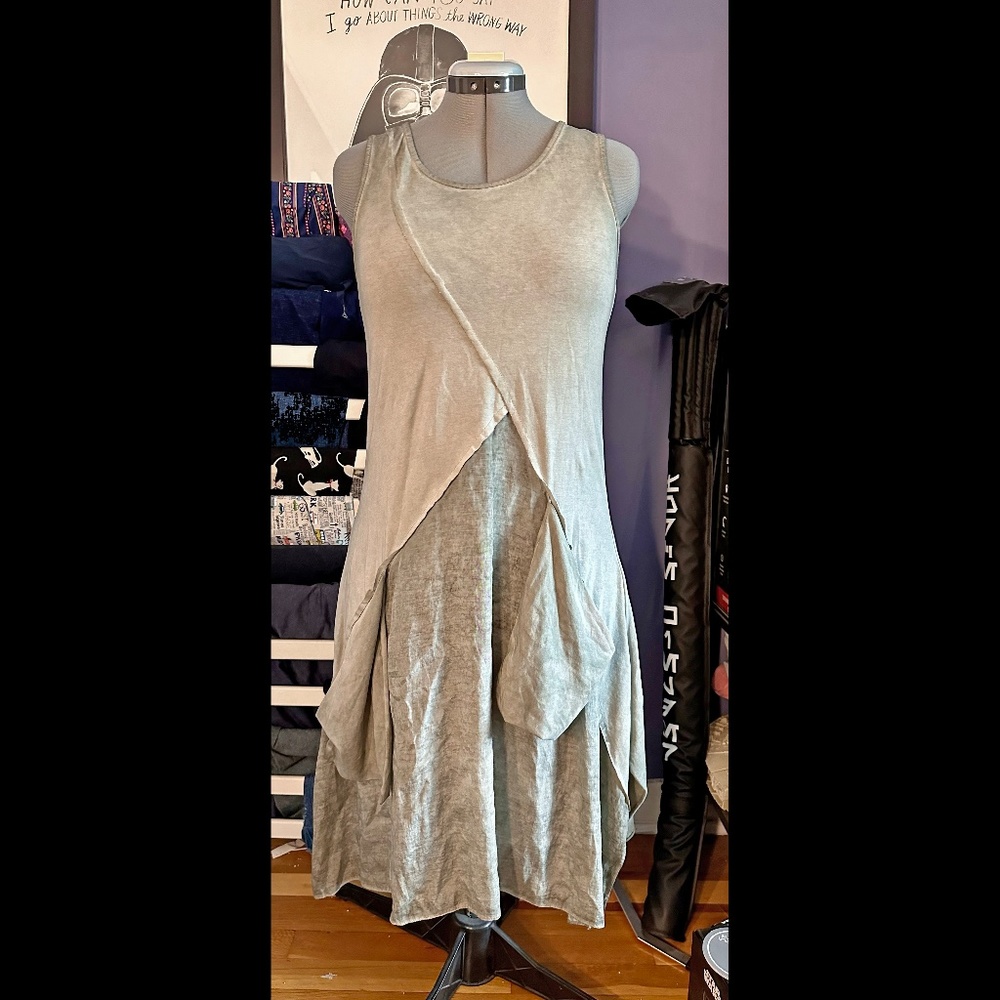 LUUKAA Sz 2 US 10 M Olive Green Cotton distressed drop pocket dress